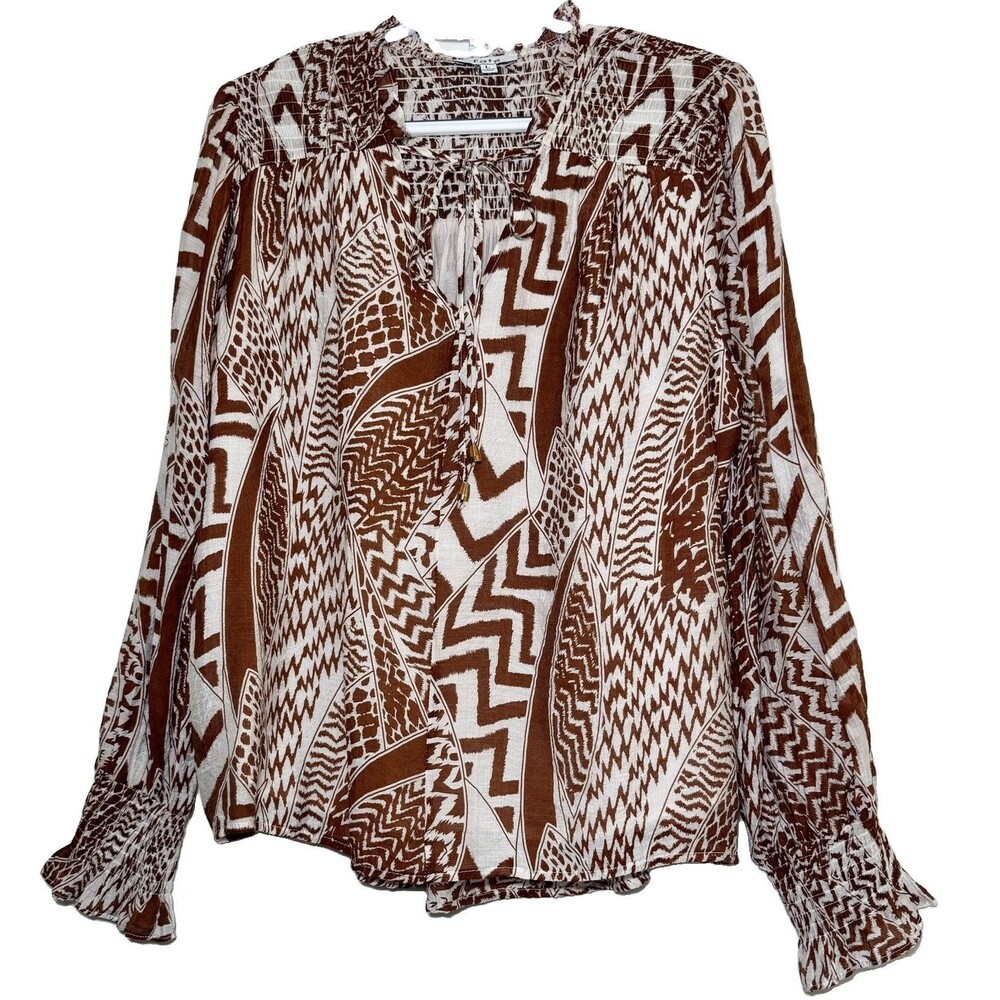 Fate Avara Redonna Top L Brown Ivory Geometric Tie Neck Smocked Blouse